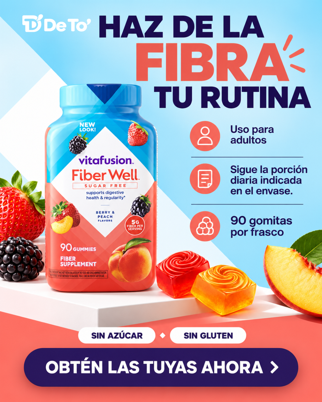 Vitafusion Fiber Well – Gomitas de fibra sin azúcar para la salud digestiva, 90 unidades