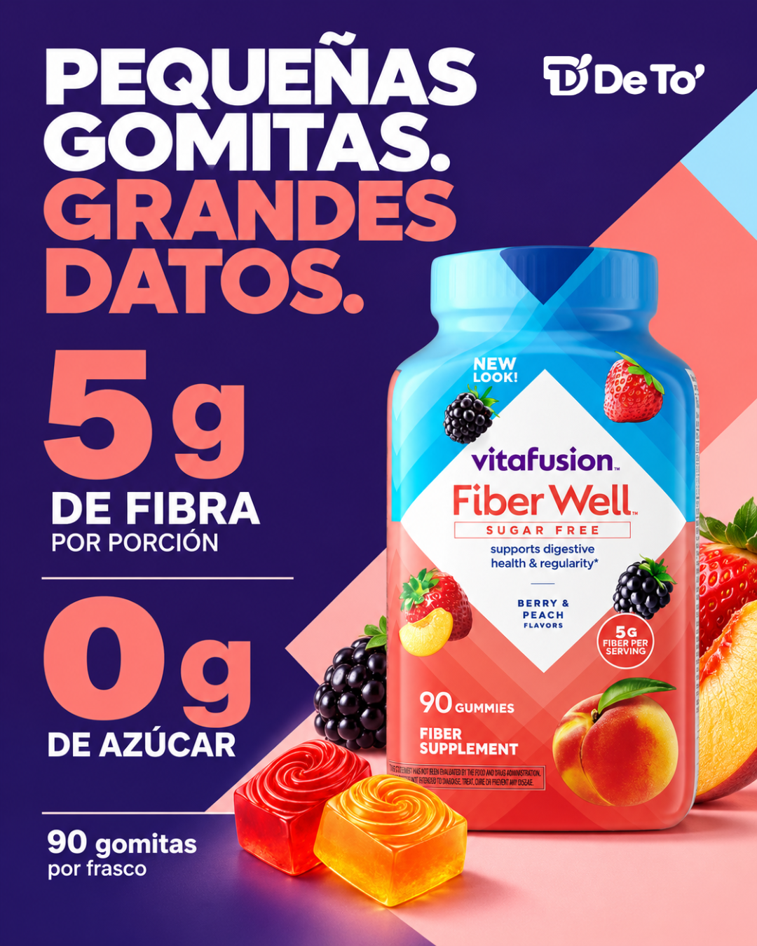 Vitafusion Fiber Well – Gomitas de fibra sin azúcar para la salud digestiva, 90 unidades