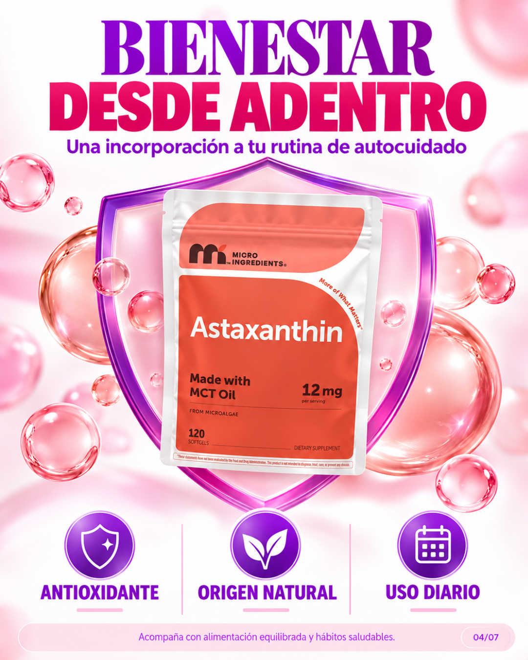 Suplemento antioxidante de astaxantina 12 mg – Micro Ingredients, 120 cápsulas blandas