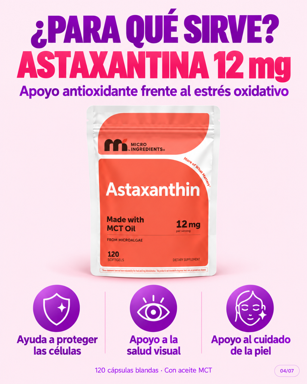 Suplemento antioxidante de astaxantina 12 mg – Micro Ingredients, 120 cápsulas blandas
